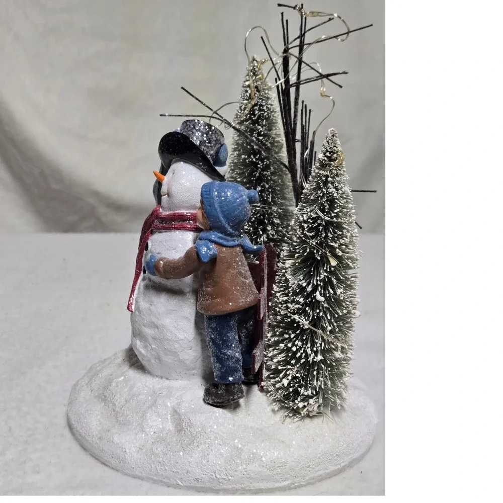 Christmas Snowman Children Lighted Winter Village Figurine Bottle Brush Trees